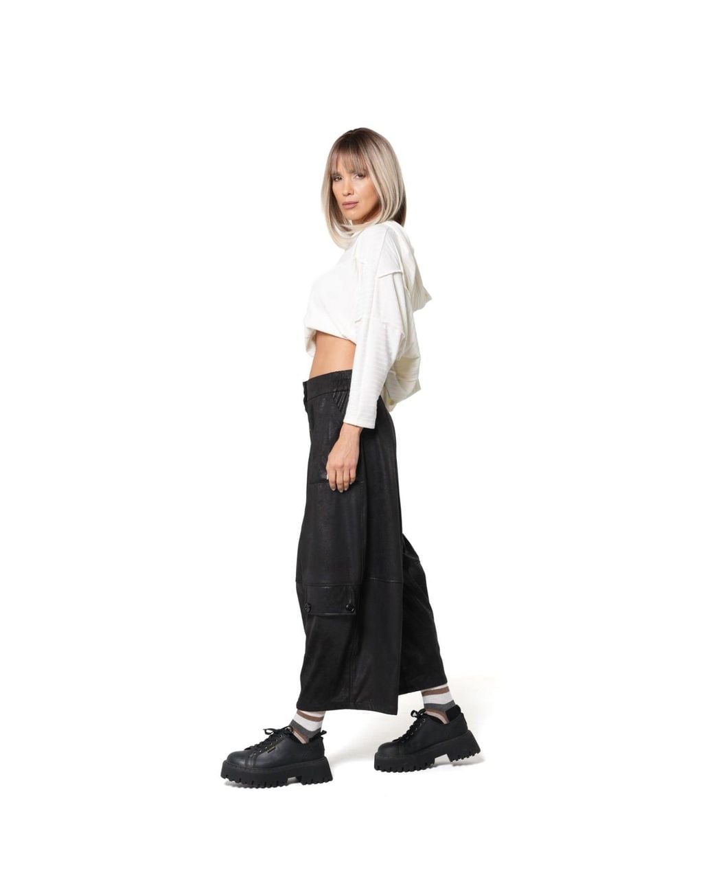 Metamorph Black Wide-Leg Faux Suede Trousers With Buttons