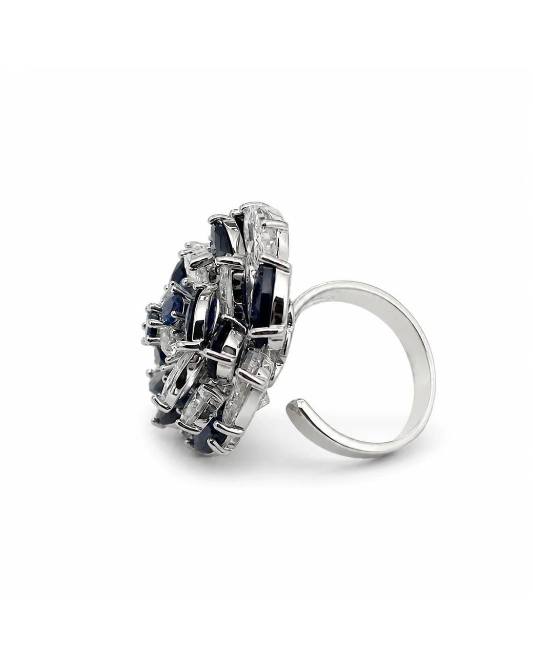 Angel Barocco Blue Clear Zirconia Floral Cluster Open Ring