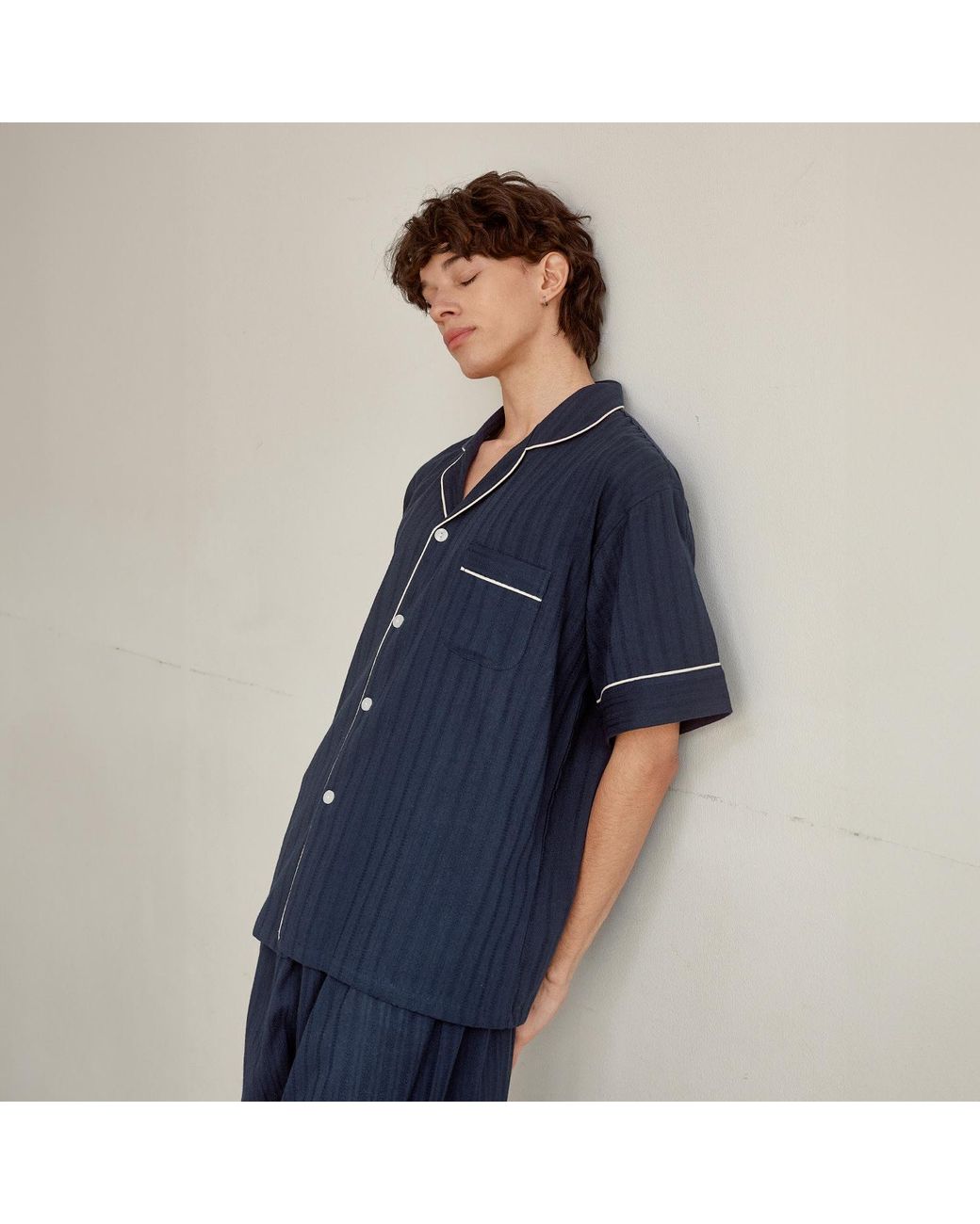 Luna Luz Blue Le Blanc Textured Cotton Short-Sleeve Pajama Set – for men