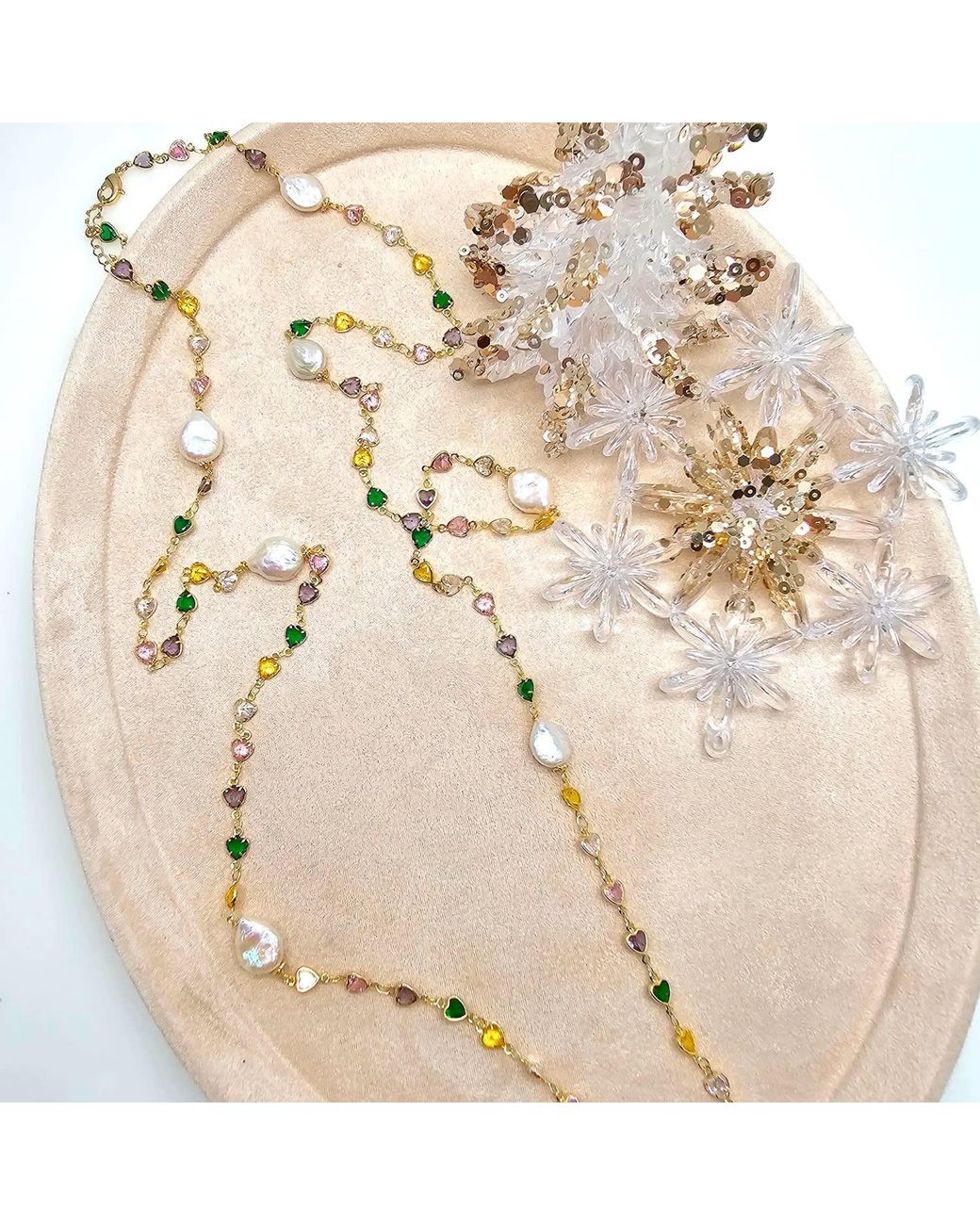 Farra White Colorful Heart Zircon Chain With Baroque Pearls Long Station Necklace