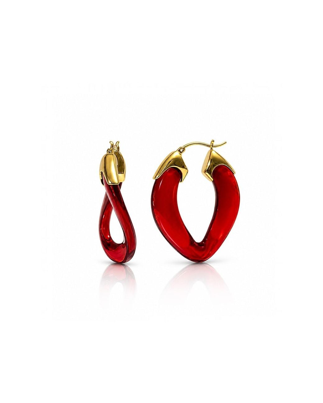 Gold & Honey Red Ruby Curb Link Lucite Birthstone Hoop Earrings