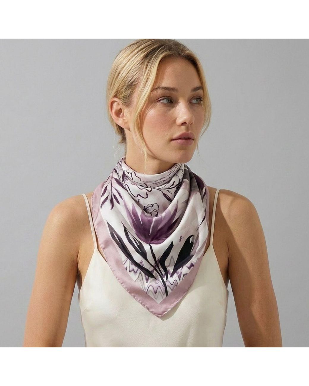 Hi Silk Purple Neutrals Petals And Palms Large Square Silk Twill Scarf