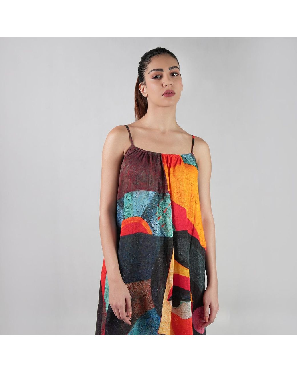 DHARA SHETH DUBAI Red Muse Abstract Art Spaghetti Strap Maxi Dress