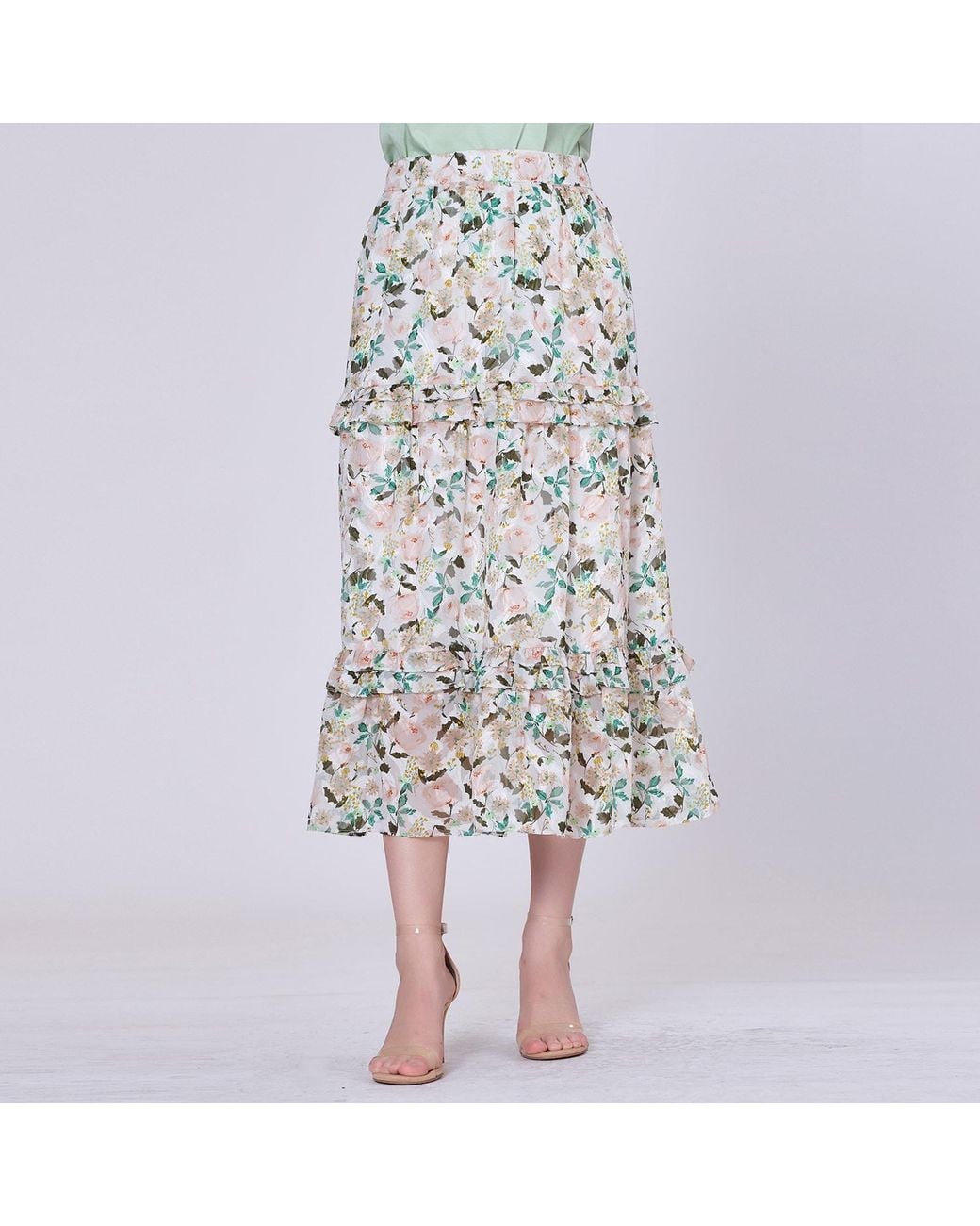 Smart and Joy White Flower Print Tiered Ruffles Midi Skirt
