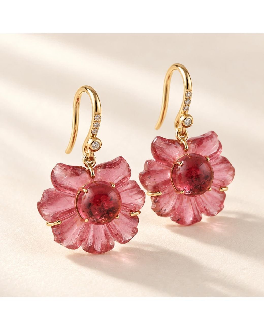Artisan Red 18K Carved Tourmaline & Diamond Floral Earrings