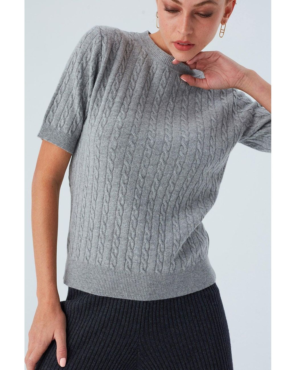 Peraluna Gray Nicole Cable Knit Cashmere Blend Short Sleeve Blouse