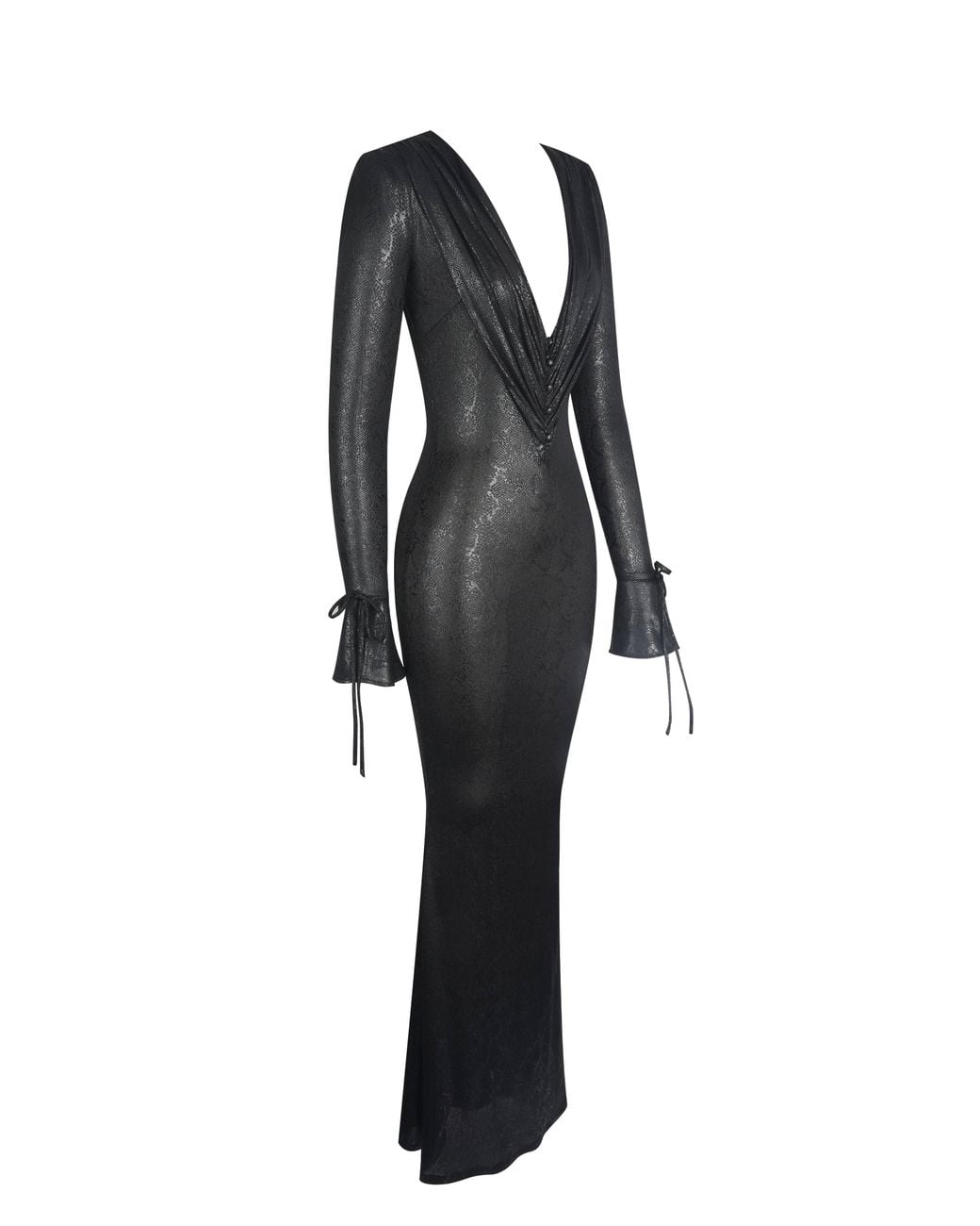 Miss Circle New York Black Ilysia V-Neck Plunge Snakeskin Mermaid Hem Maxi Dress
