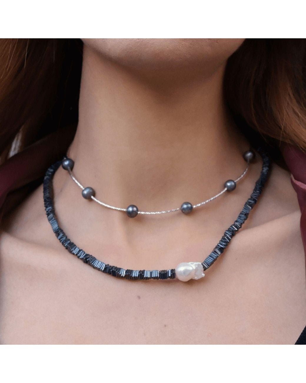 LINYA JEWELLERY Metallic Silga Baroque Pearl Hematite Stone Necklace