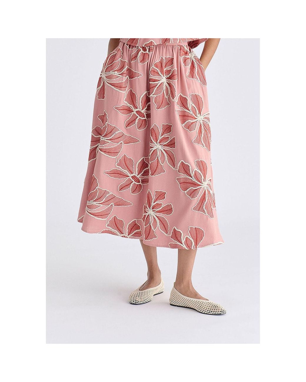 Paisie Pink Floral Embroidered Midi Skirt