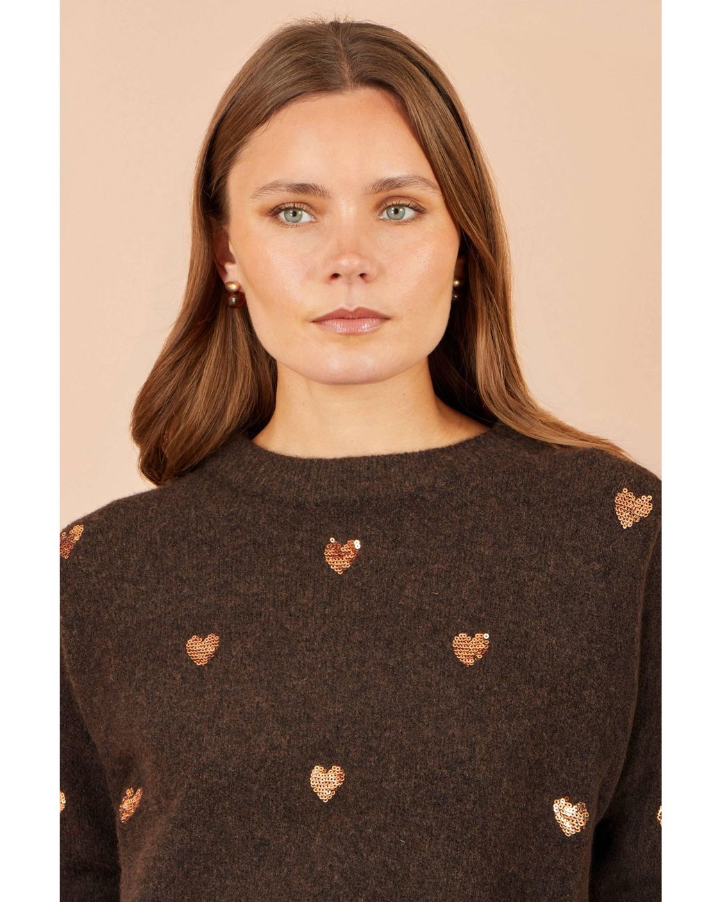 Yumi' Brown Sequin Heart Relaxed Jumper