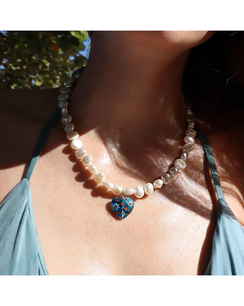 Mineralgems•Studio Blue Pearl Necklace With Heart Pendant