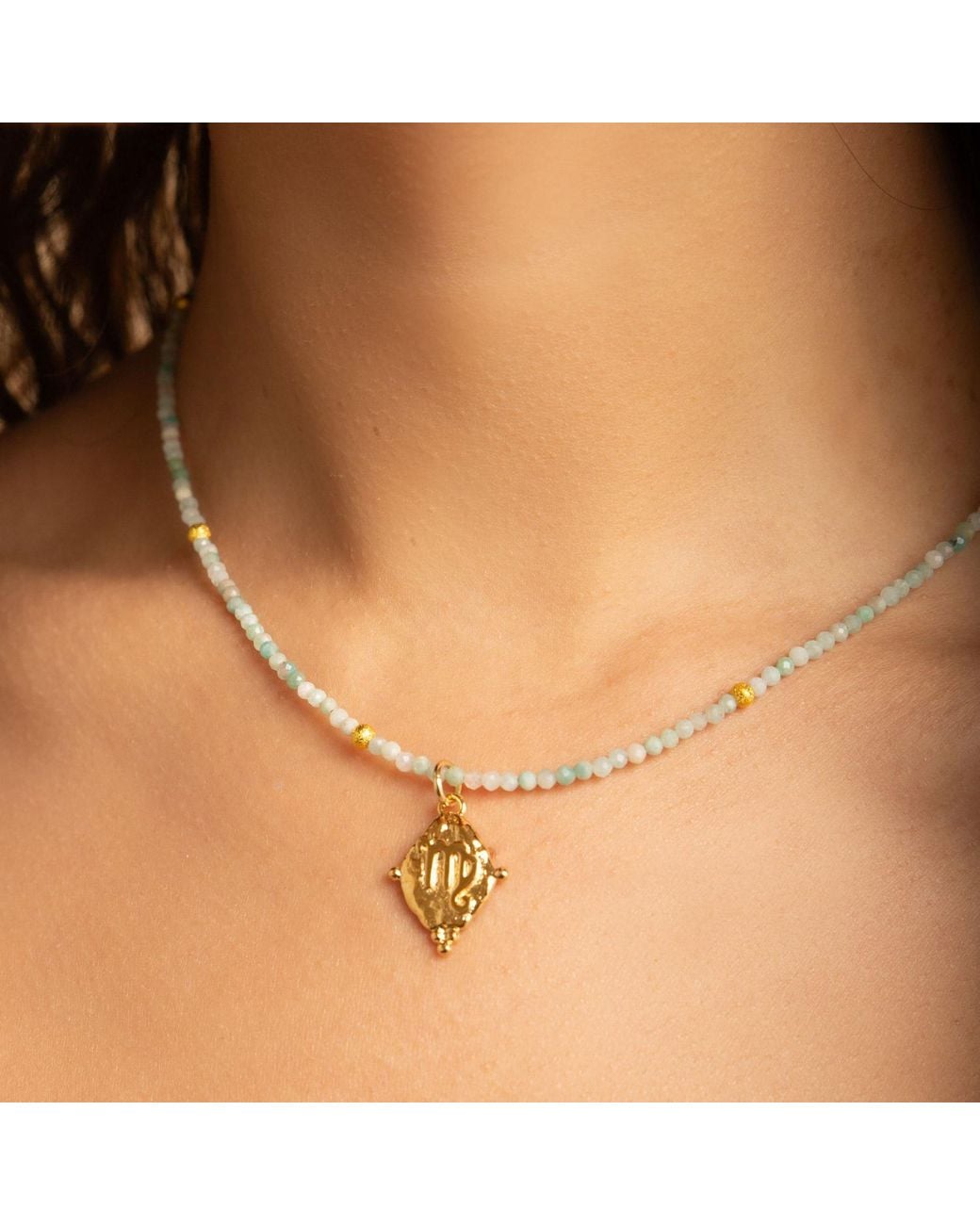 Seven Saints Metallic Virgo Gemstone Choker Necklace, Amazonite, Plated