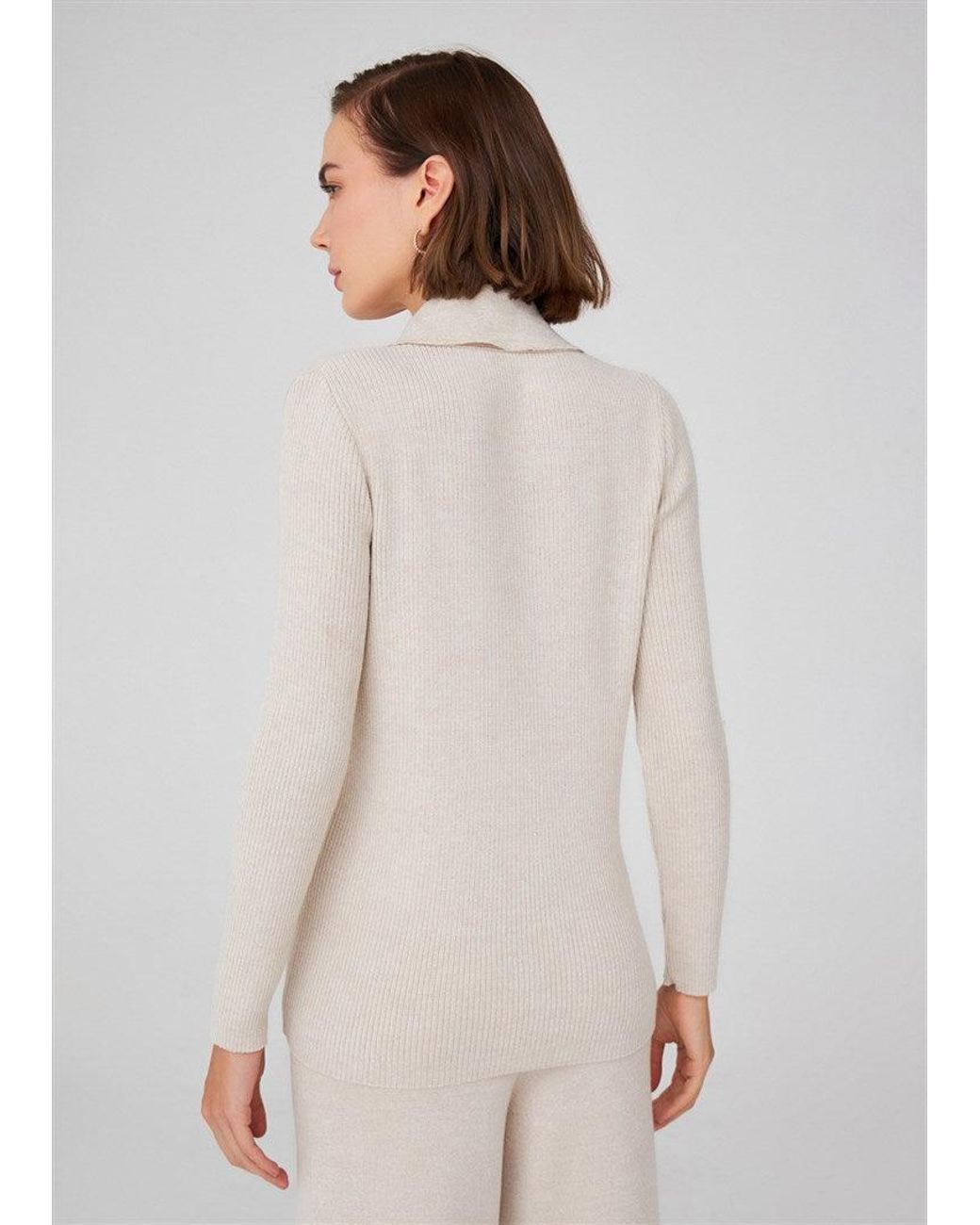 Peraluna Natural Neutrals Polo V-Neck Ribbed Knit Cardigan