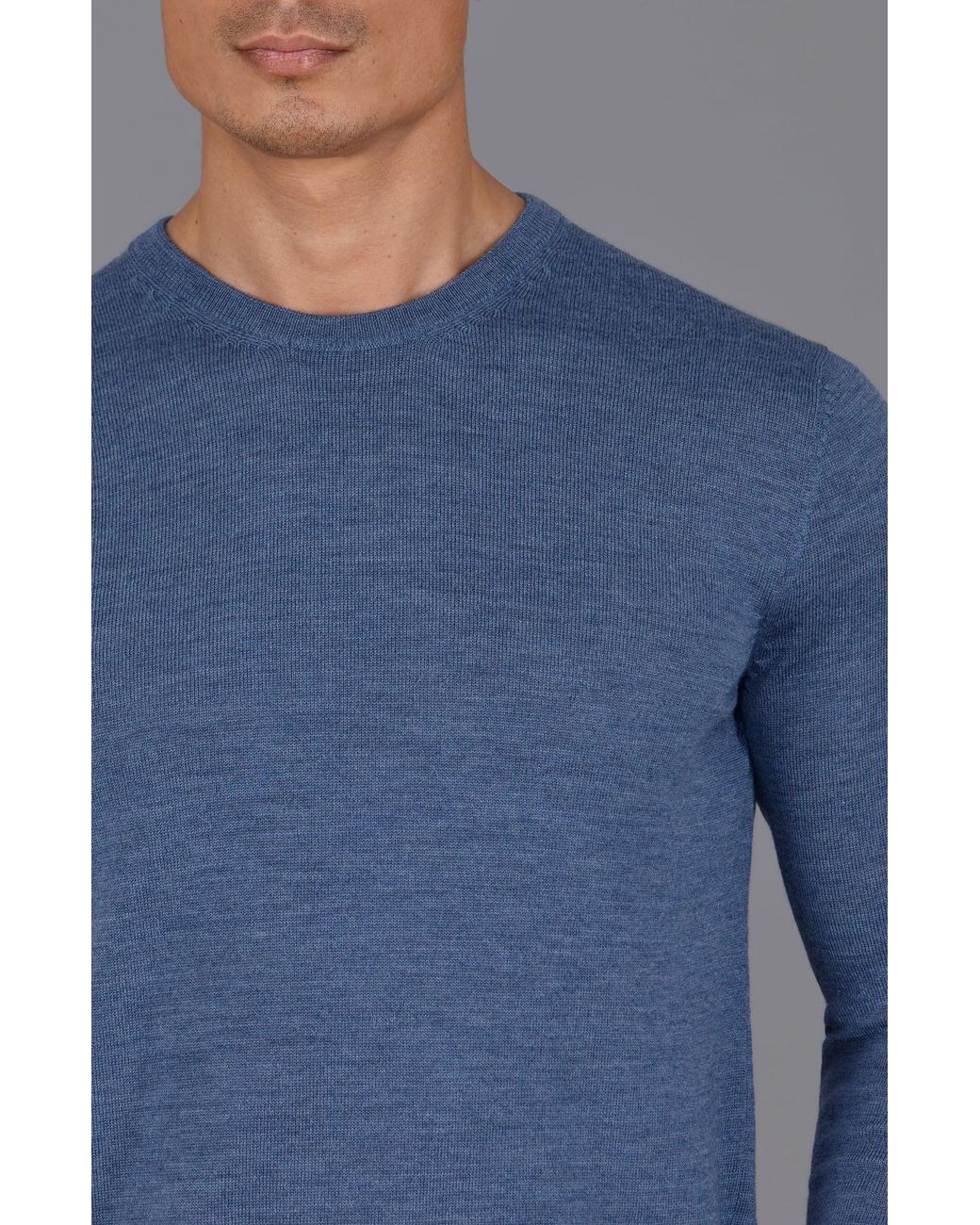 Paul James Knitwear Blue Extra Fine Merino Wool Callington Crew Neck Jumper for men
