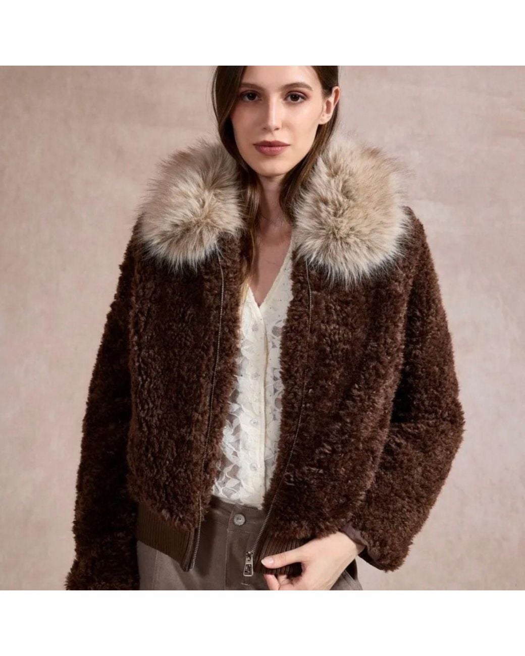 LAtelier London Brown Chocolate Teddy Jacket With Oversized Faux Fur Collar