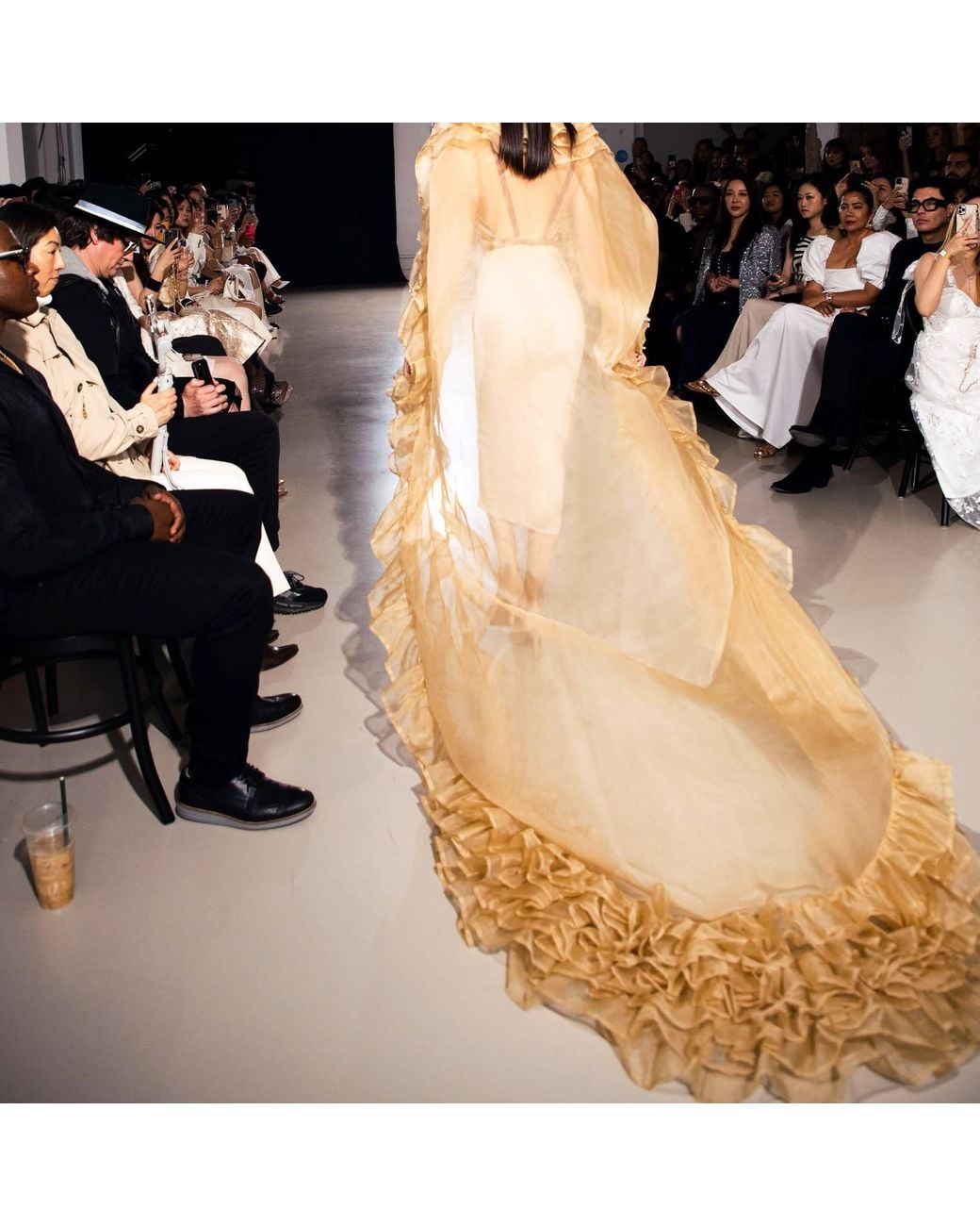 Jane Gala Metallic Neutrals Nude Silk Organza Hand-Beaded Ruffled Cape