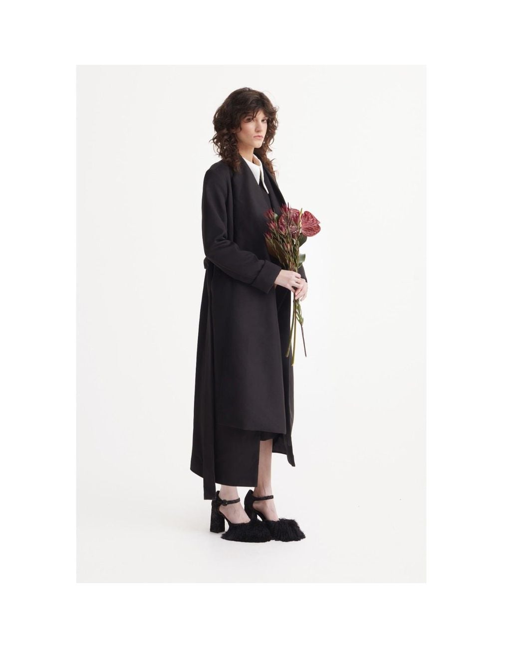 Julia Allert Black Long Wrap Coat With Drape Collar