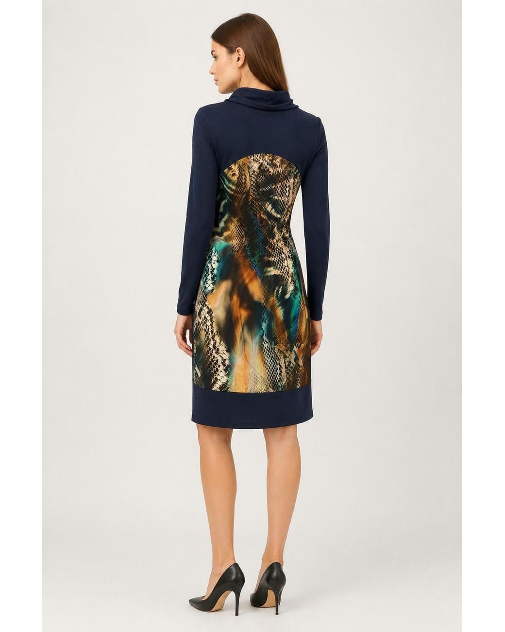 Conquista Blue Cowl-Neck Printed Panel Dress