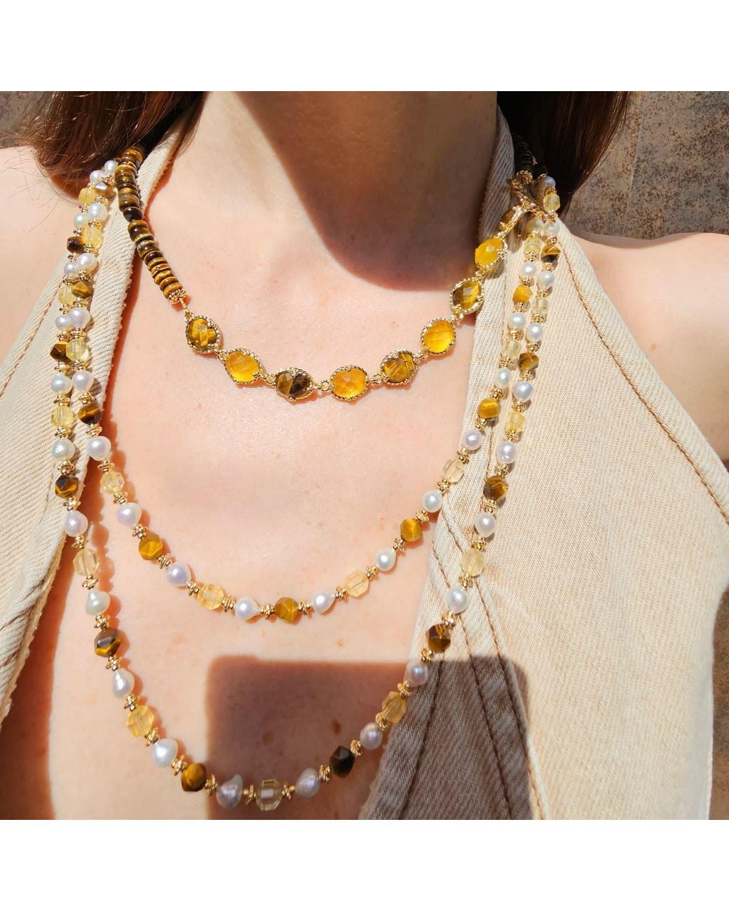 Farra Metallic Tiger-Eye And Citrine With Freshwater Pearls Long Necklace