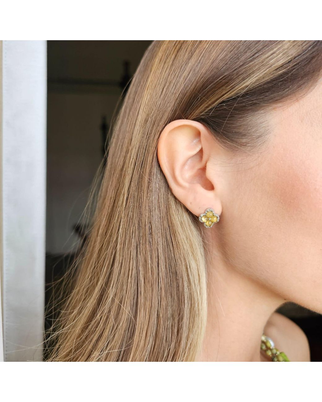 Farra Green Minimalist Flower Shaped Prehnite Stud Earrings