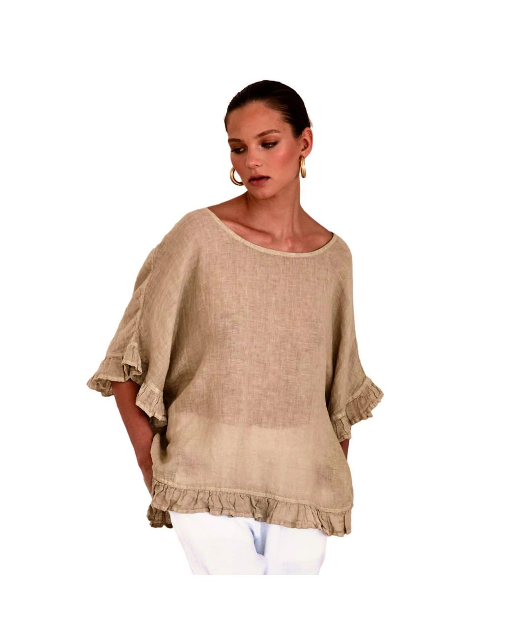 Haris Cotton Natural Neutrals Linen Gauze Blouse With Ruffles Beach Sand