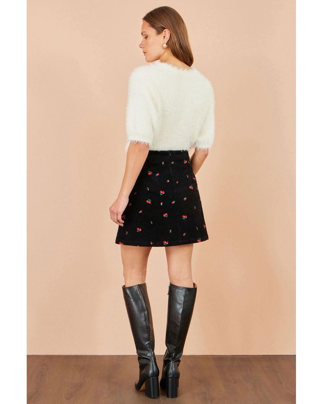 Yumi' Black Cherry Embroidered Cord Mini Skirt