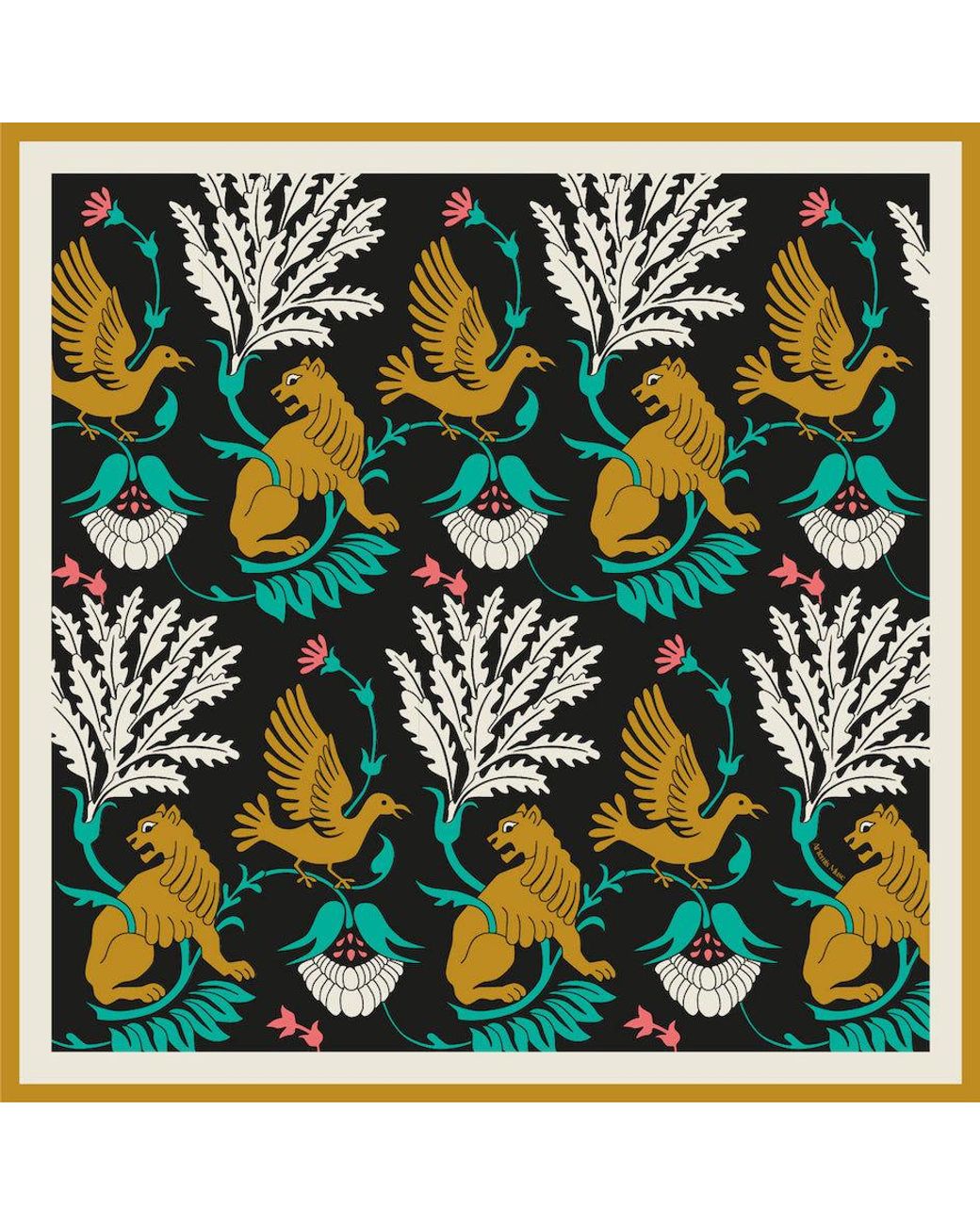 Artemis Muse Black Regal Doves & Lions & Colourful Luxury Silk Scarf