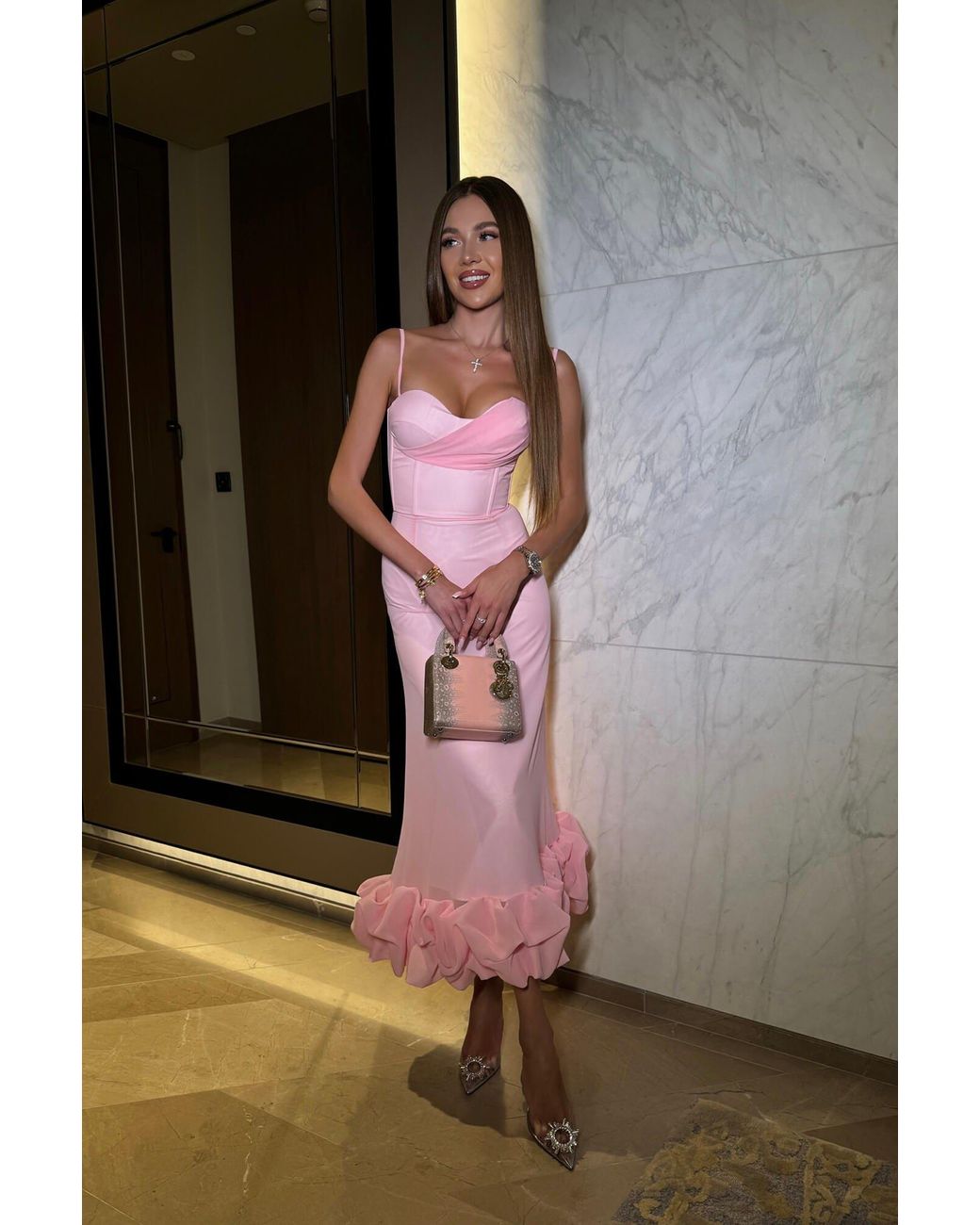 POST MERIDIEM Pink Misty Rose Draped Bodice Bottom Flounced Bustier Dress