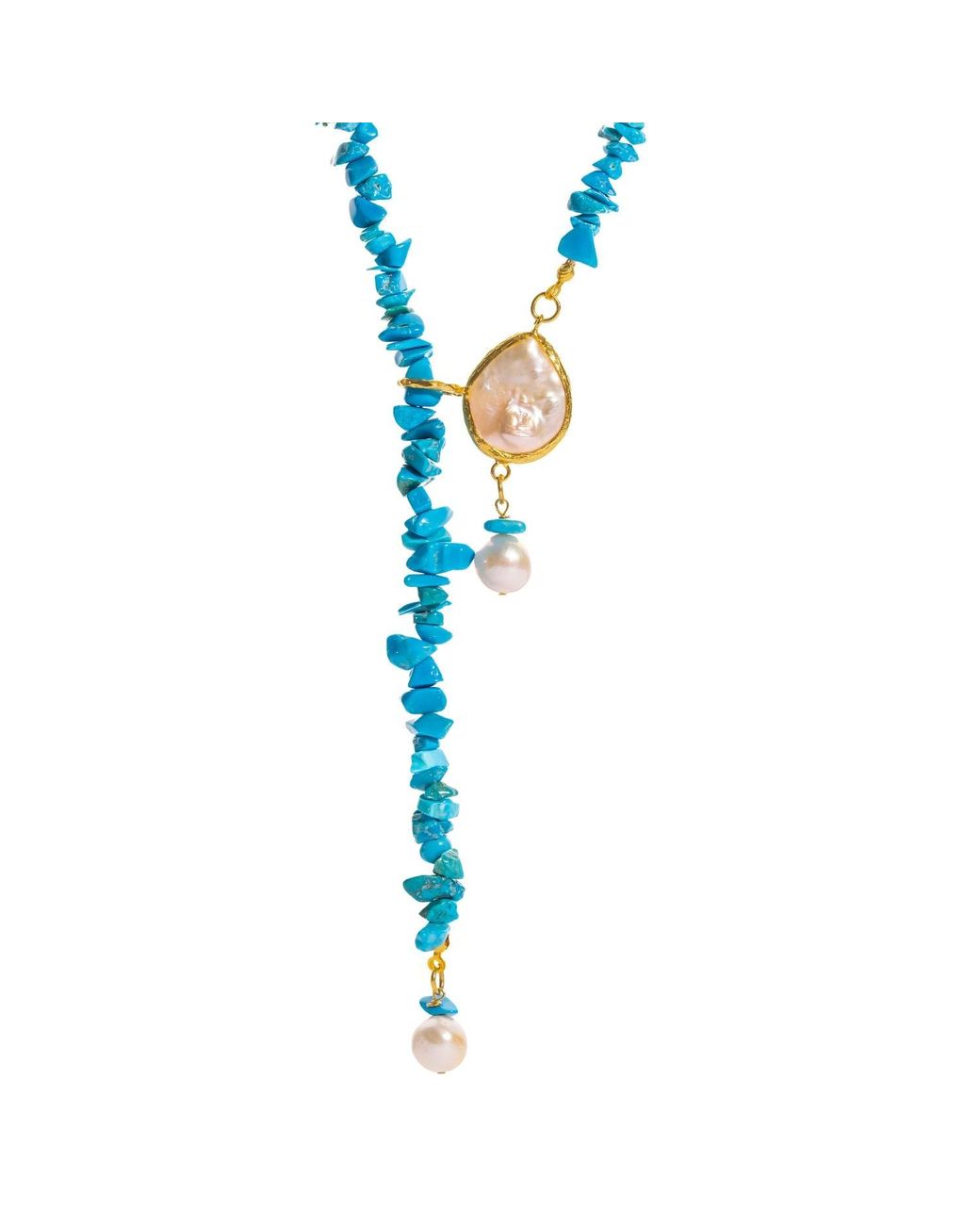 Ebru Jewelry Metallic Lariat Necklace With Baroque Pearls