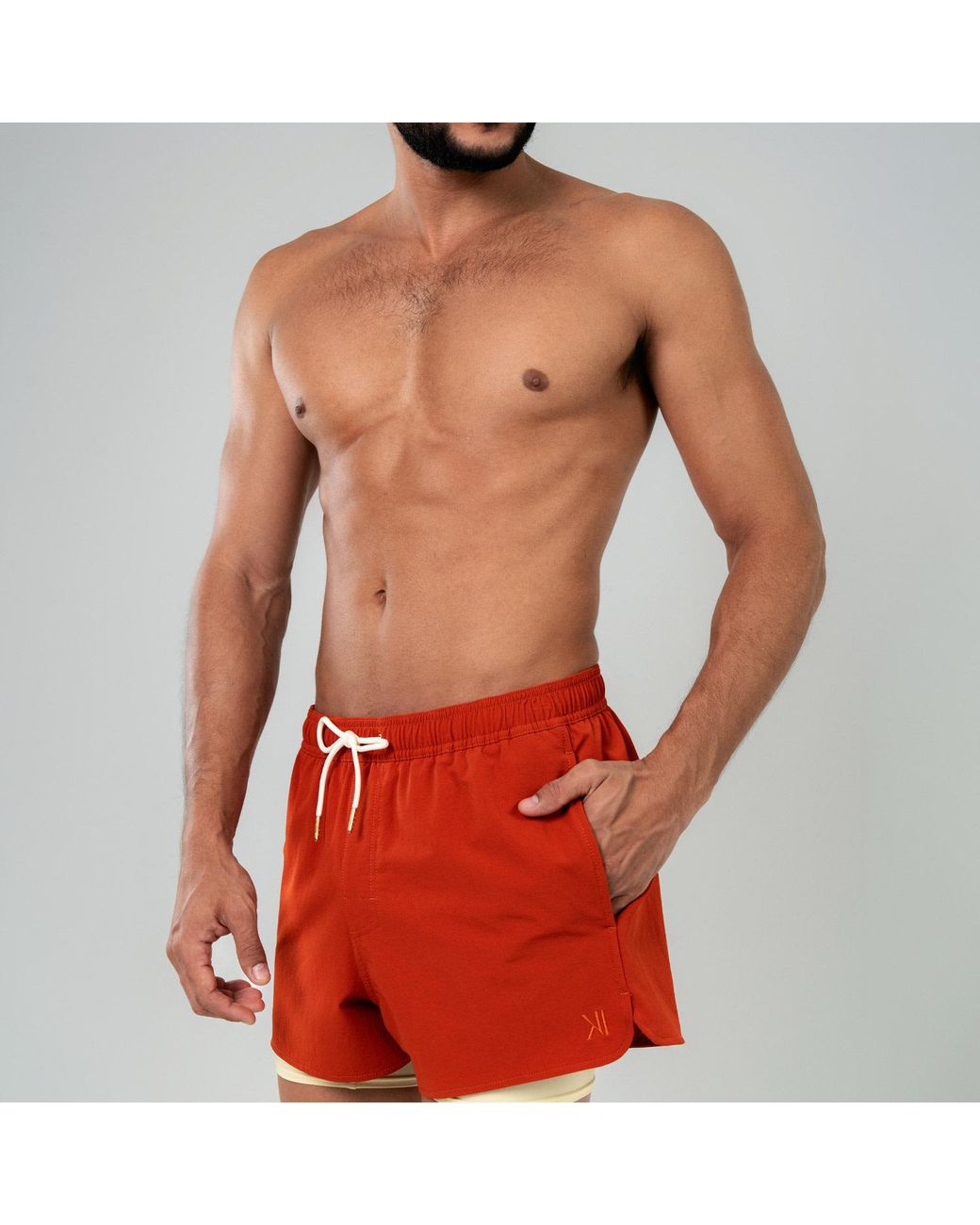 Duskitten Red Eclipse Line Swim Shorts for men