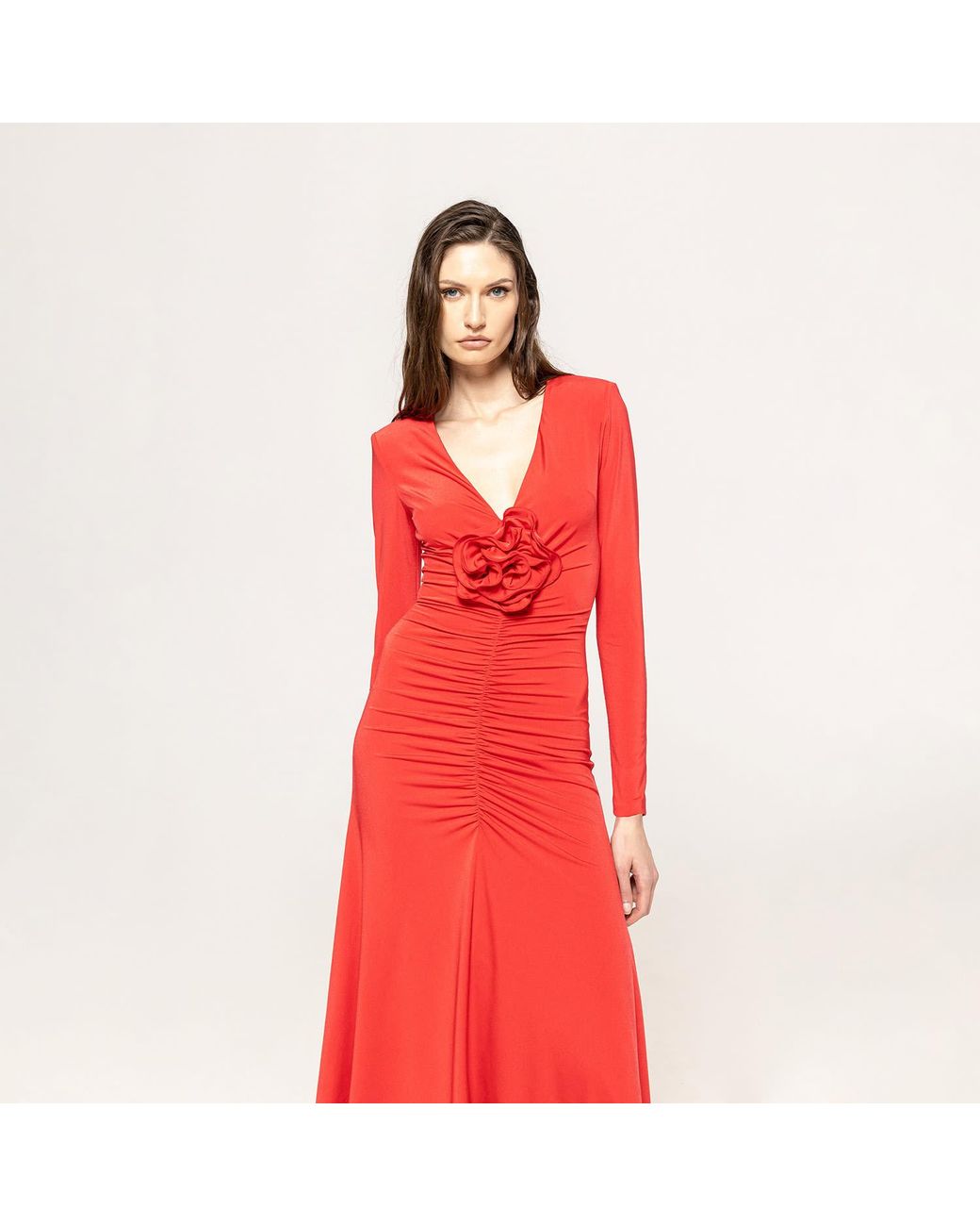 Nissa Red Floral-Detailing Midi Dress