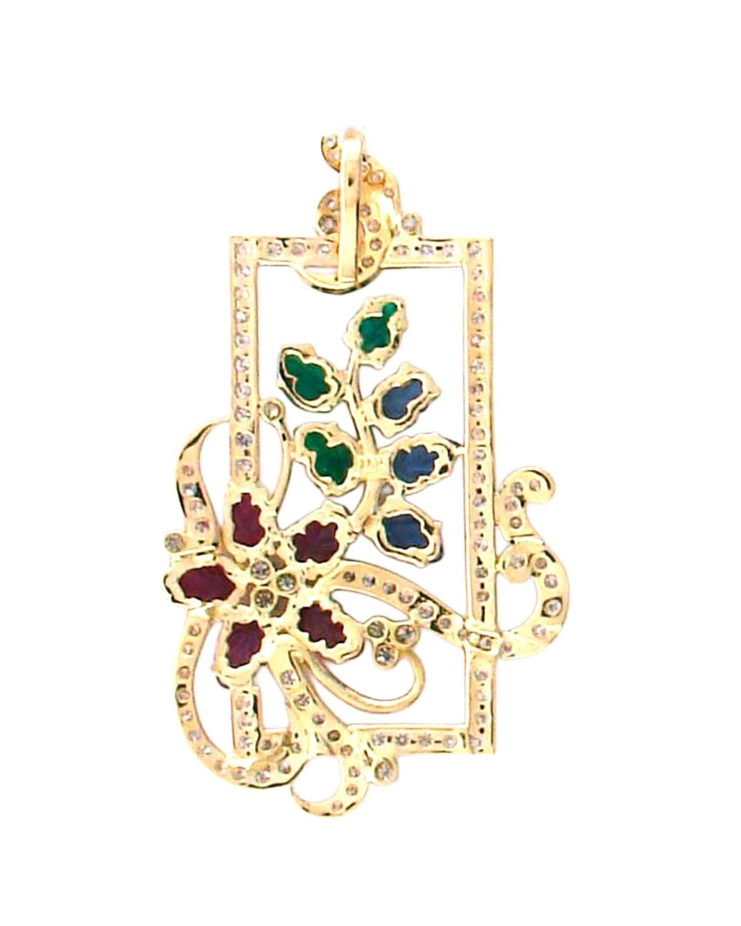 Artisan Blue Carved Emerald, Sapphire & Ruby Floral Pendant With Diamonds
