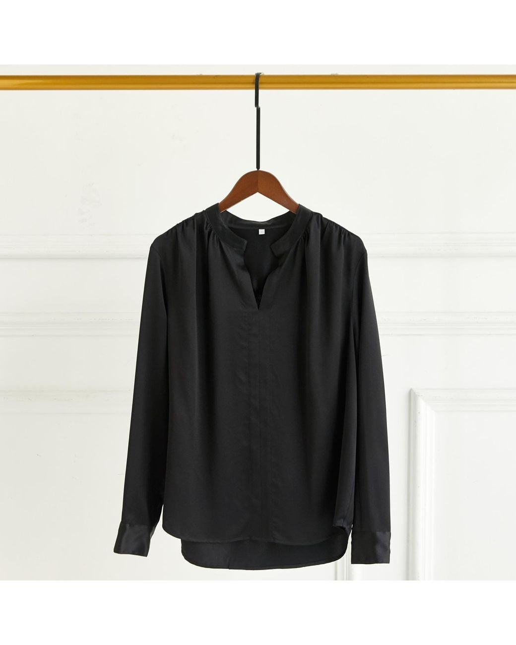 Soft Strokes Silk Black Pure Silk Long Sleeve Y-Neck Blouse