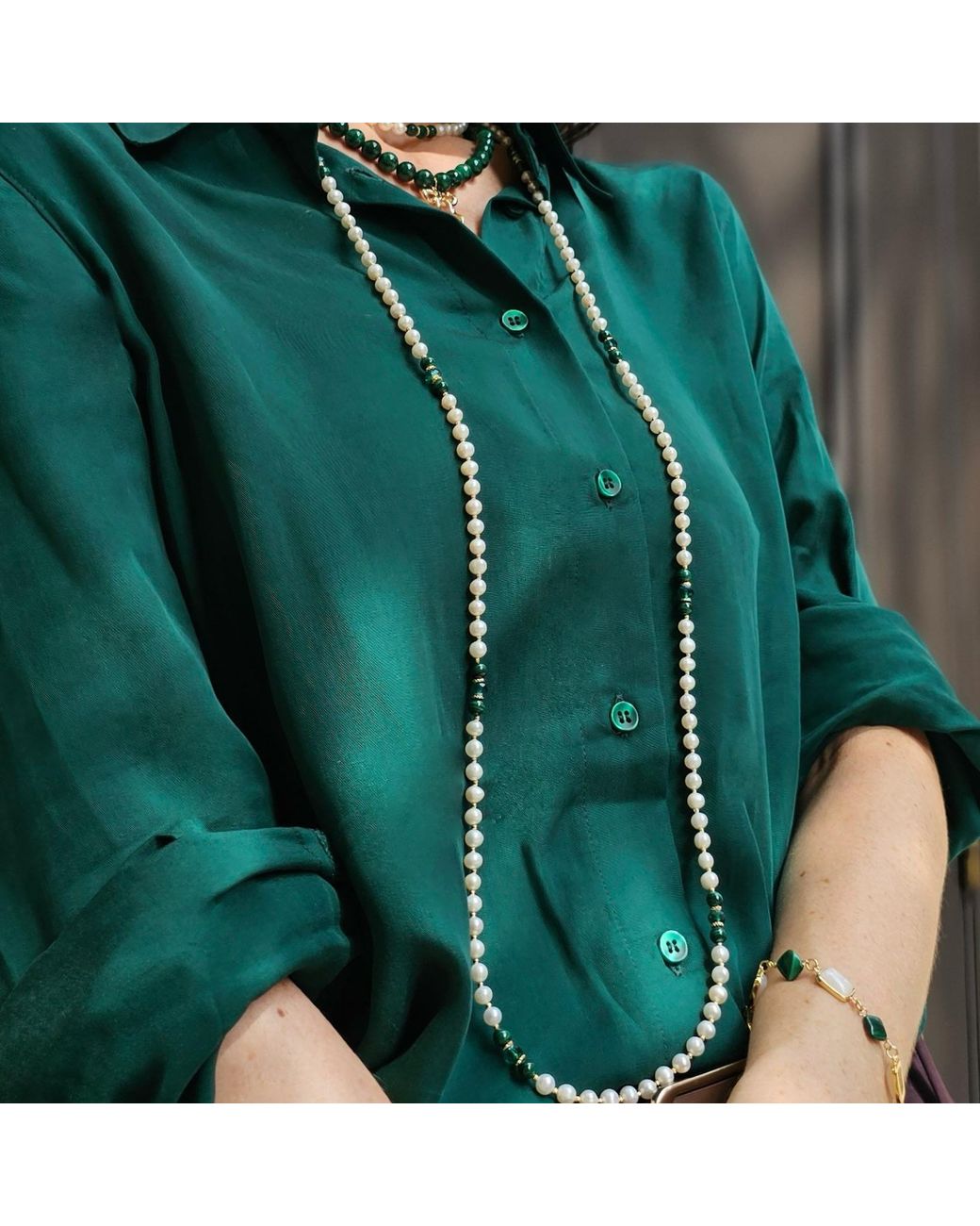 Farra White Malachite With Freshwater Pearls Versatile Long Necklace