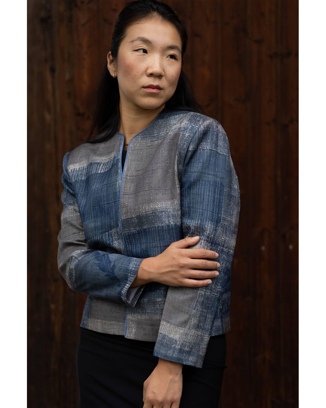 Stovaria Blue Handblock Printed Pure Tussar Silk Statement Jacket