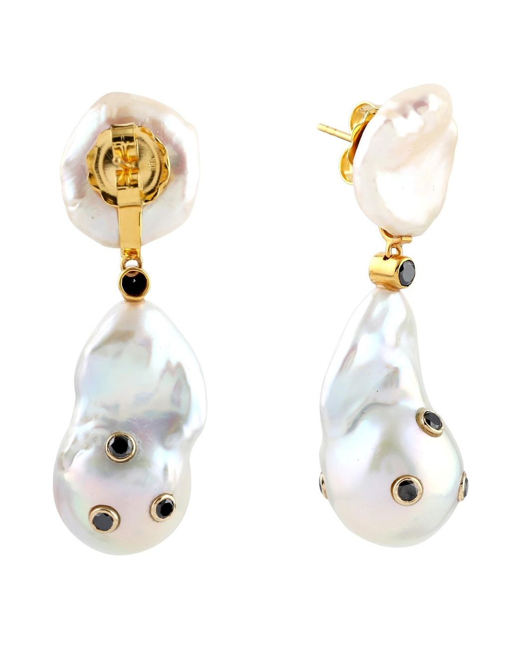 Artisan White 18k Yellow Gold Black Diamond Natural Pearl Chinese Dangle Earrings