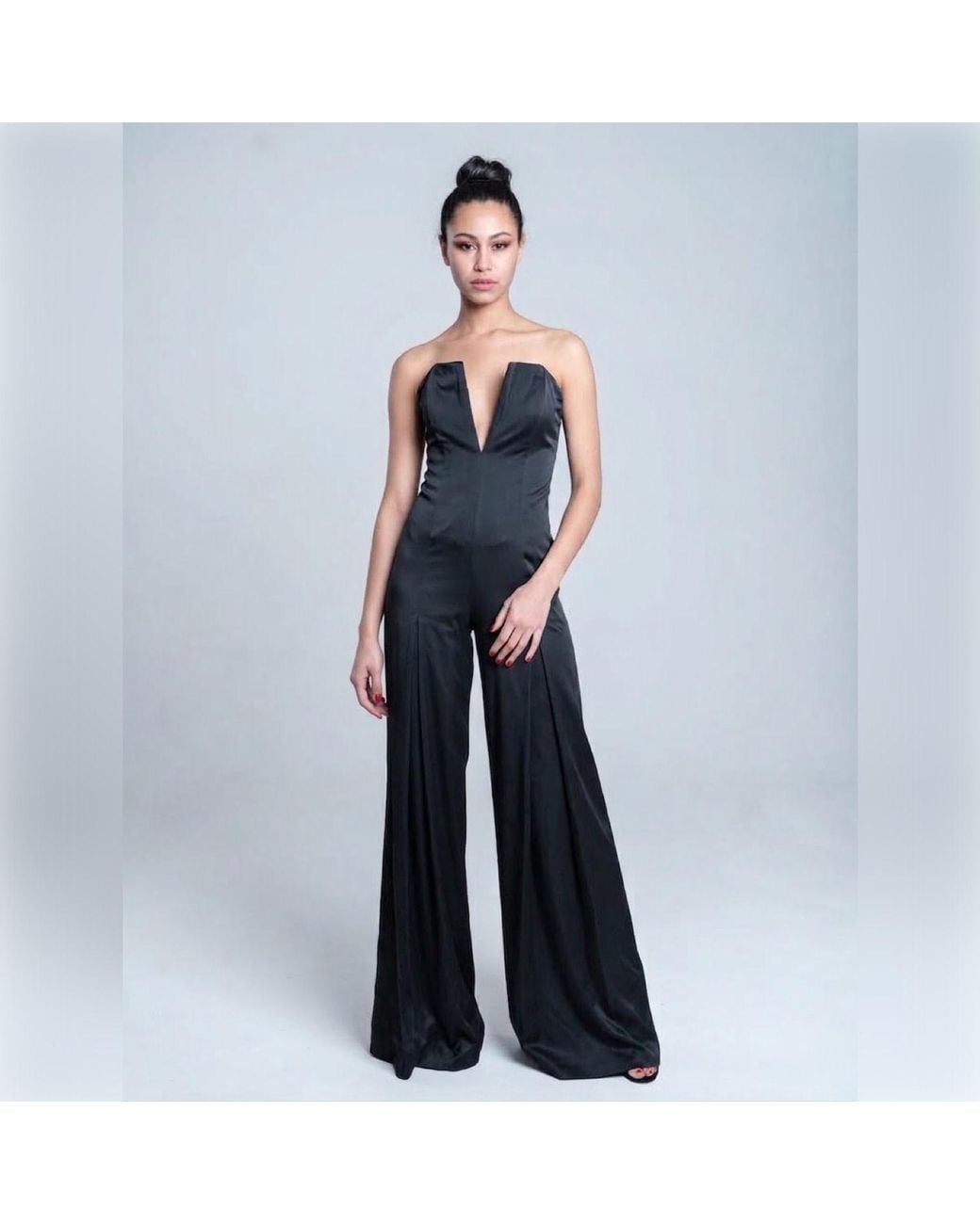 Imaatu Black Scarface Jumpsuit Sculpting Satin Corset Extreme V-Neckline Wide Leg Trousers Tie