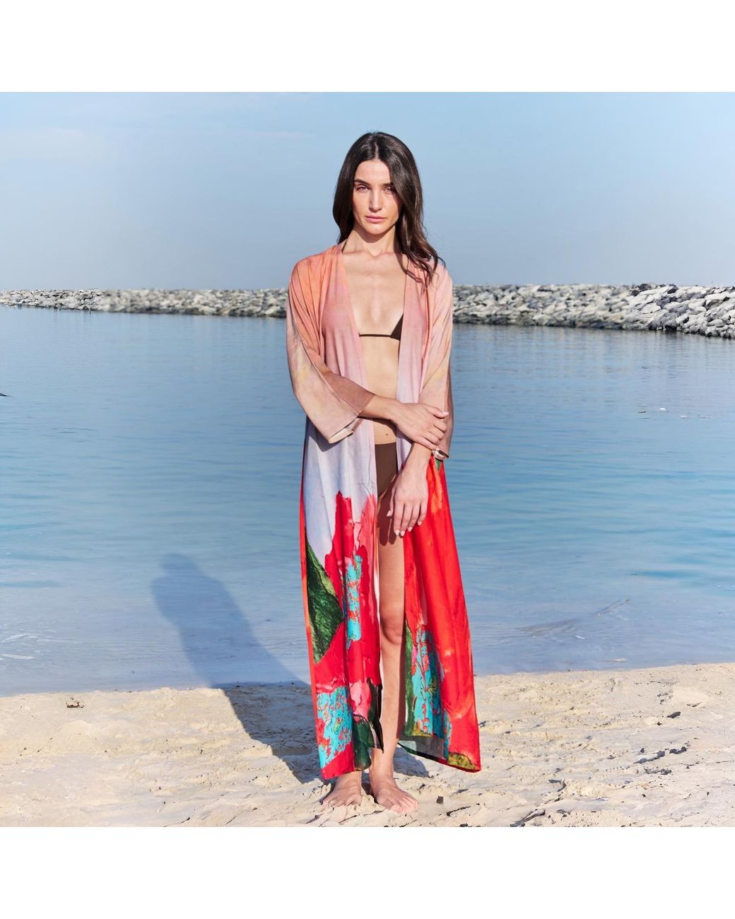 DHARA SHETH DUBAI Red Coral Mirage Floral Long Kimono