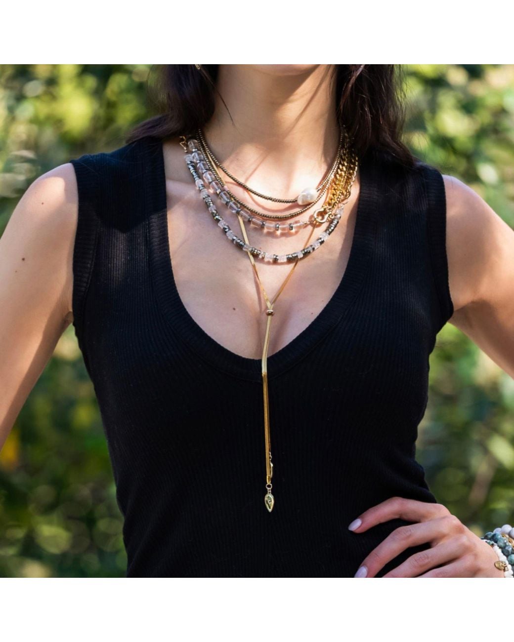 Rachel Nathan Metallic Shackle Duo: Rock Quartz & Pyrtie Necklace