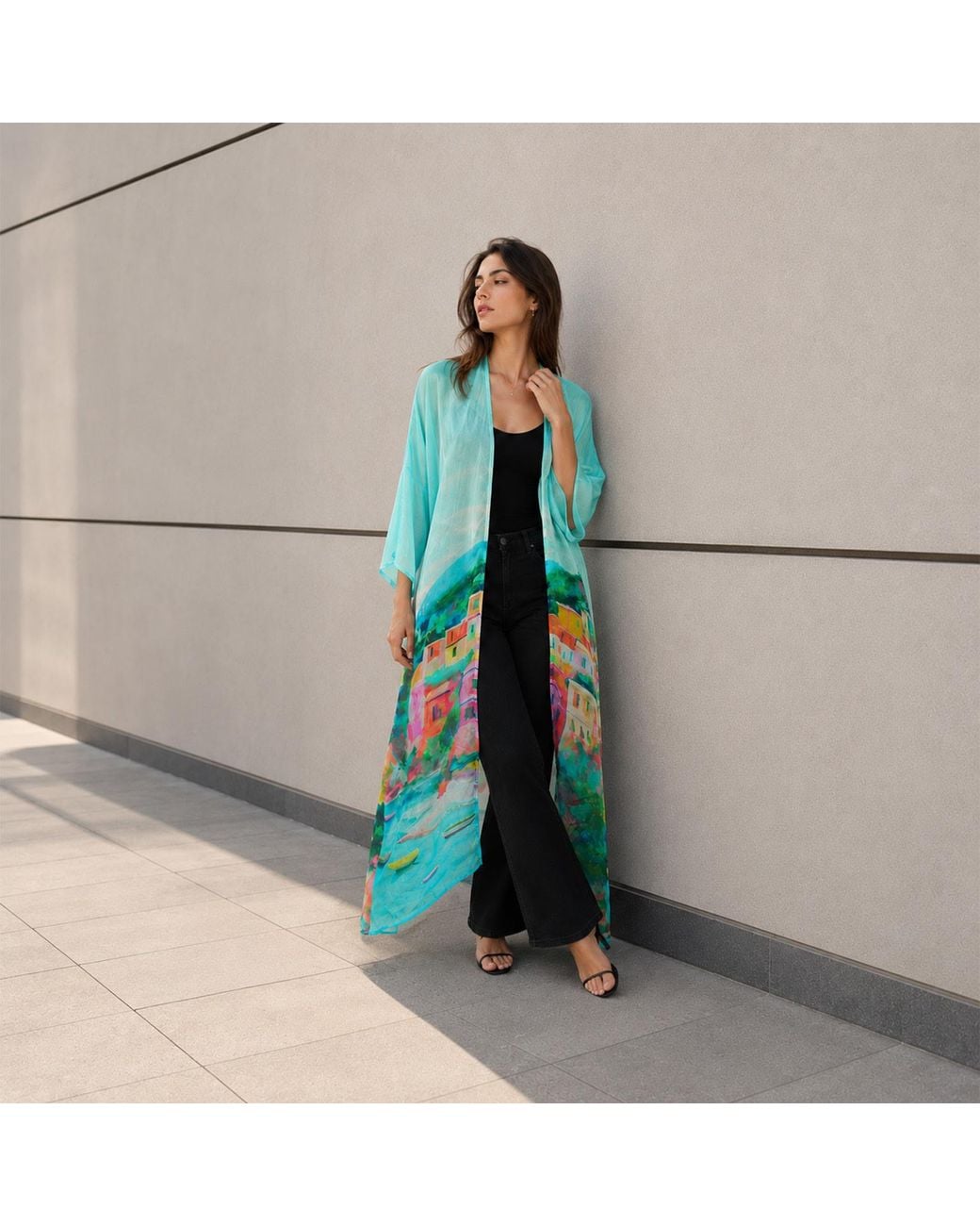 DHARA SHETH DUBAI Blue La Dolce Riviera Mediterranean Long Kimono Dress