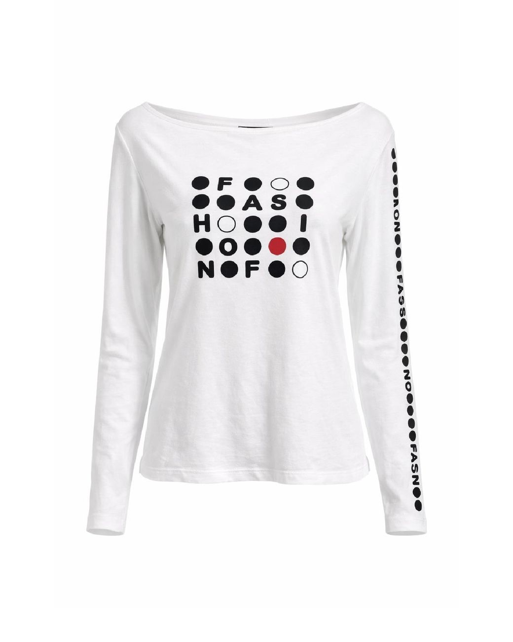 Conquista White Graphic Long-Sleeve Cotton Top With Boat Neck