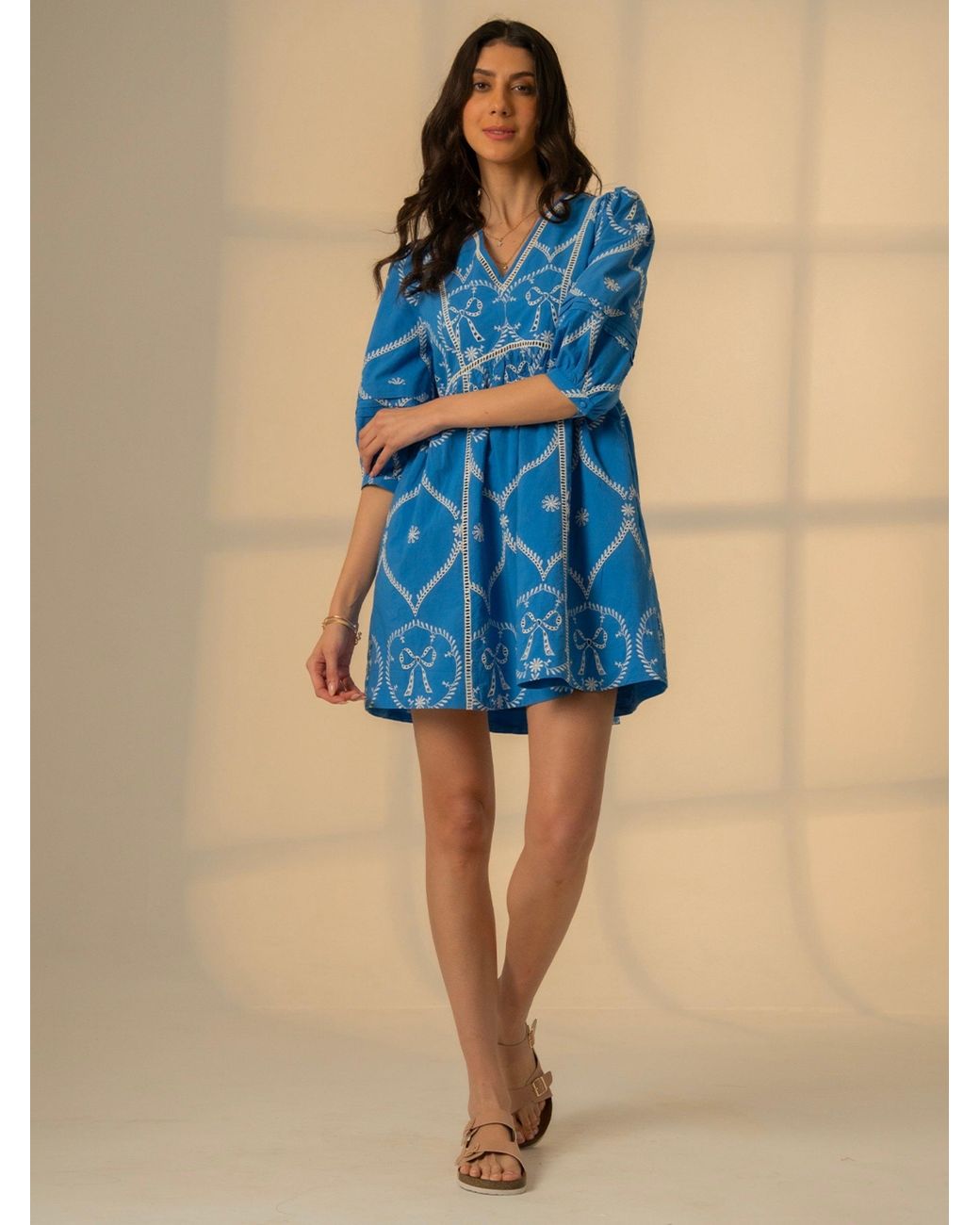 Rose & Nancy Blue Charlie Embroidered Bow Mini Dress