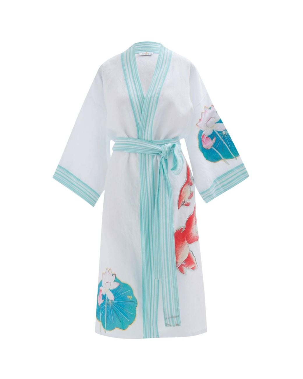 Peraluna Blue Lotus Flower And Fish Applique Linen Kimono