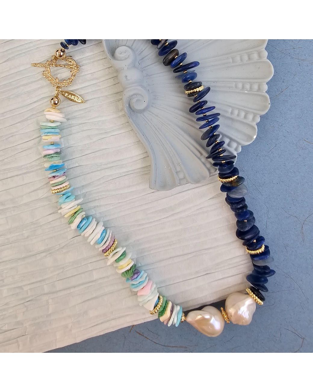 Farra Blue Kyanite And Colorful Shell With Baroque Pearl Necklace Bracelet Earrings Set