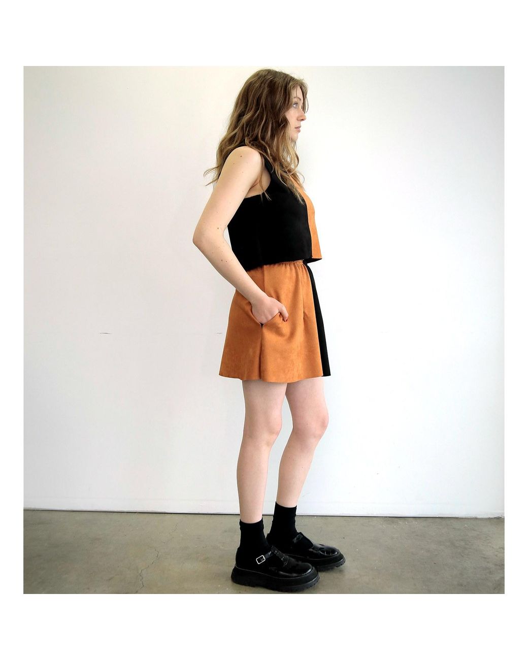 By Noa Rawitz Black Ultra Suede Sleeveless Color Blocked Top- And