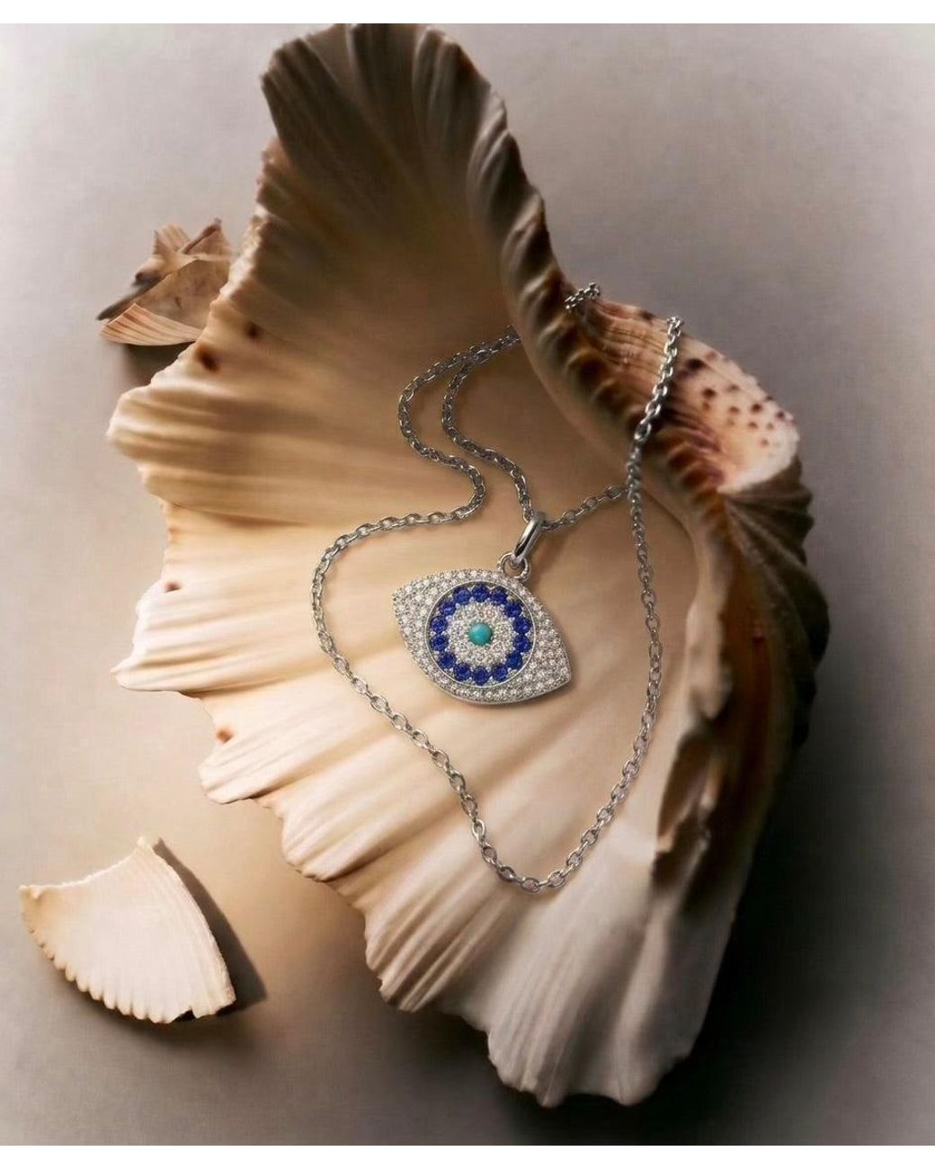 Seven Saints Blue Evil Eye Pave Amulet Necklace, Rhodium