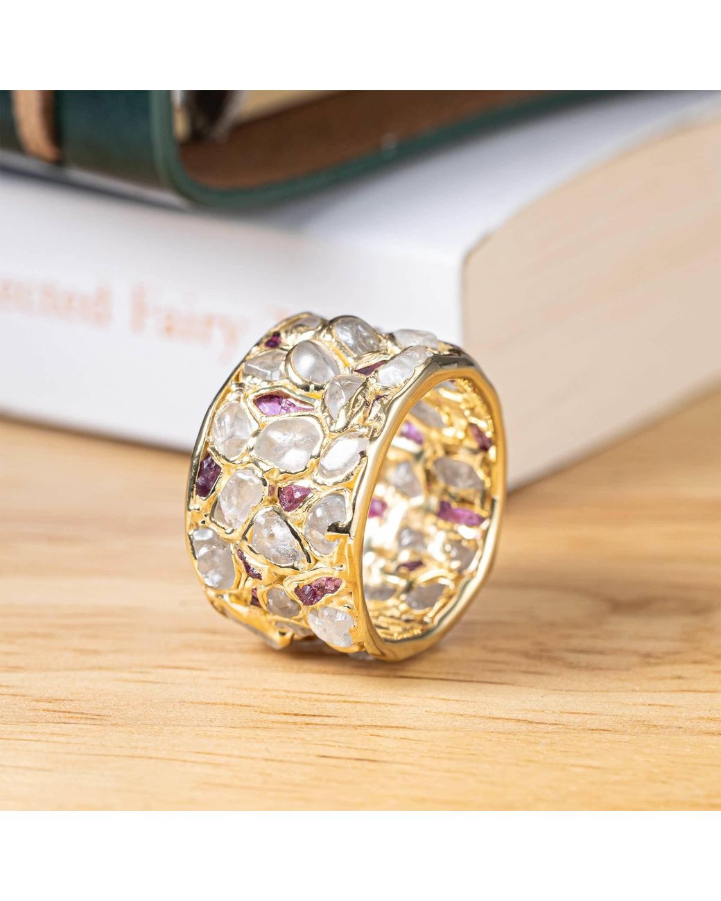 German Kabirski Metallic Lythara Barrel Plated Ring With Zircon And Ruby