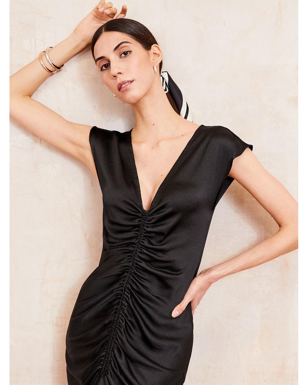 The Summer Edit Black Rudi Hammered Silk Ruched Dress
