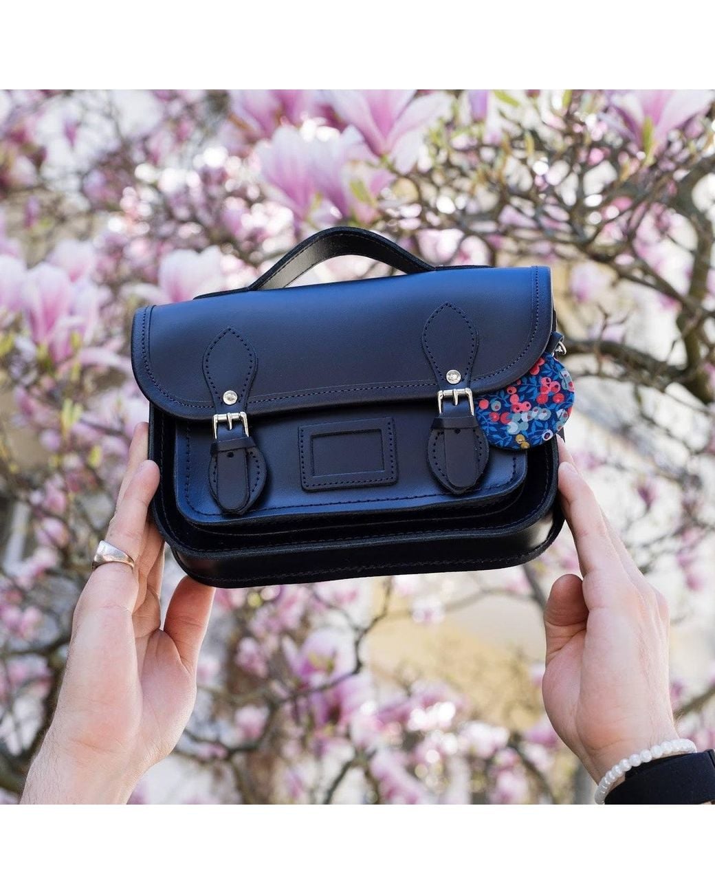 Zatchels Blue Floral Lined Leather Midi Satchel