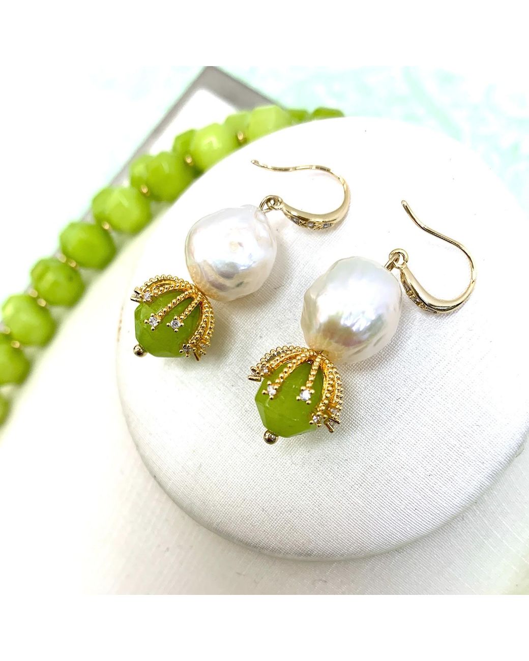 Farra Multicolor Irregular Freshwater Pearls With Grass Jade Dangle Earrings